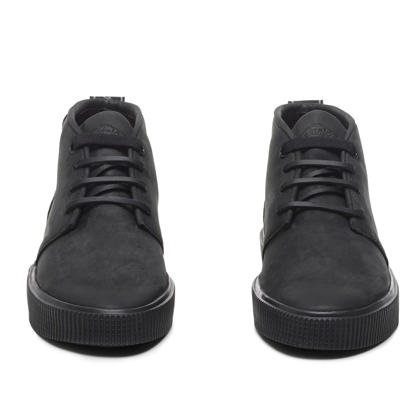 A front view of a Sanjo mid-top leather desert boots in black with black laces and a durable rubber sole, styled with a sleek and versatile design.