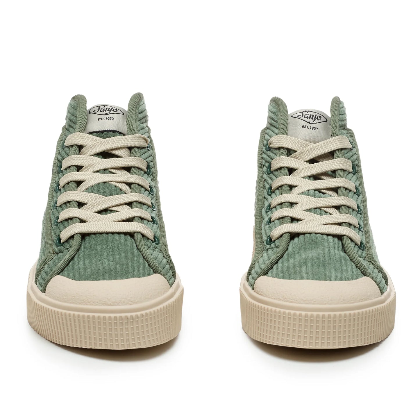 Sanjo K100 Corduroy Olive Sneakers pair, front view