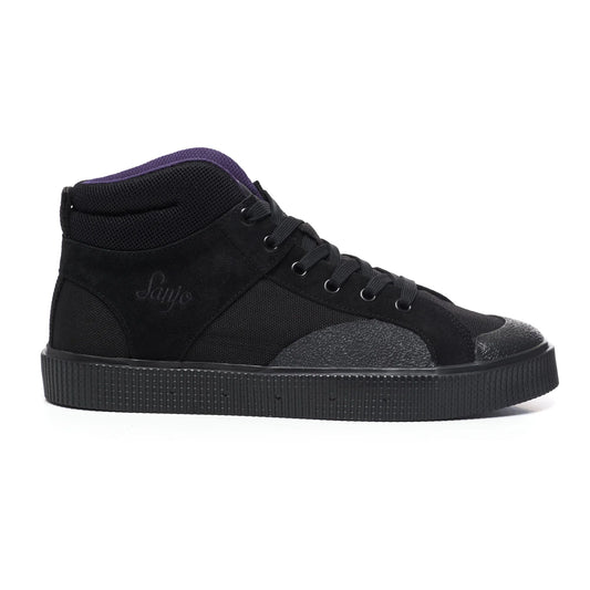 Side view of a Sanjo SK EVO high-top sneaker in a minimalist black design. Features a combination of suede and canvas panels, with a white textured midsole and tonal laces. The ankle area includes a padded, breathable mesh collar for added comfort and support, creating a sleek and versatile look that merges sporty and casual style.