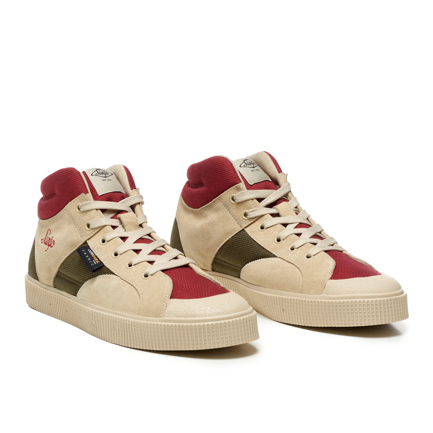 A pair of Sanjo SK EVO high-top sneakers in a tan, red and green color block design. Features a combination of suede and canvas panels, with a white textured midsole and tonal laces. The ankle area includes a padded, breathable mesh collar for added comfort and support, creating a sleek and versatile look that merges sporty and casual style.