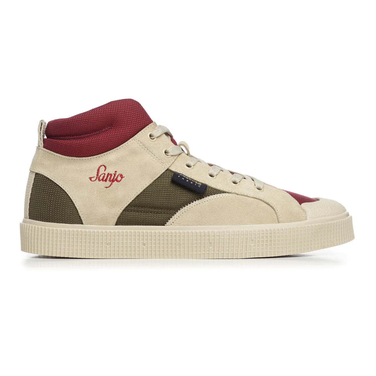 Side view of a Sanjo SK EVO high-top sneaker in a tan, red and green color block design. Features a combination of suede and canvas panels, with a white textured midsole and tonal laces. The ankle area includes a padded, breathable mesh collar for added comfort and support, creating a sleek and versatile look that merges sporty and casual style.
