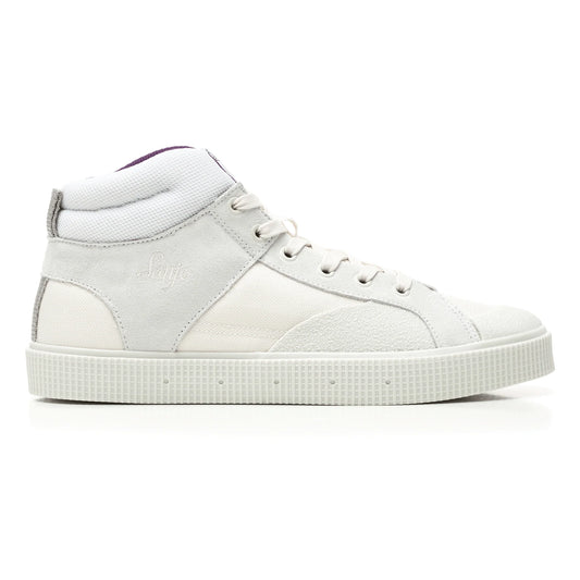 A side view of a Sanjo SK EVO 100 high-top sneaker in a minimalist white and light gray design. Features a combination of suede and Cordura nylon panels, with a white textured midsole and tonal laces. The ankle area includes a padded, breathable mesh collar for added comfort and support, creating a sleek and versatile look that merges sporty and casual style.