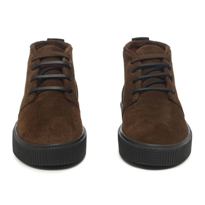 A front view of a Sanjo mid-top suede desert boots pair in chocolate brown with black laces and a durable black rubber sole, styled with a sleek and versatile design.
