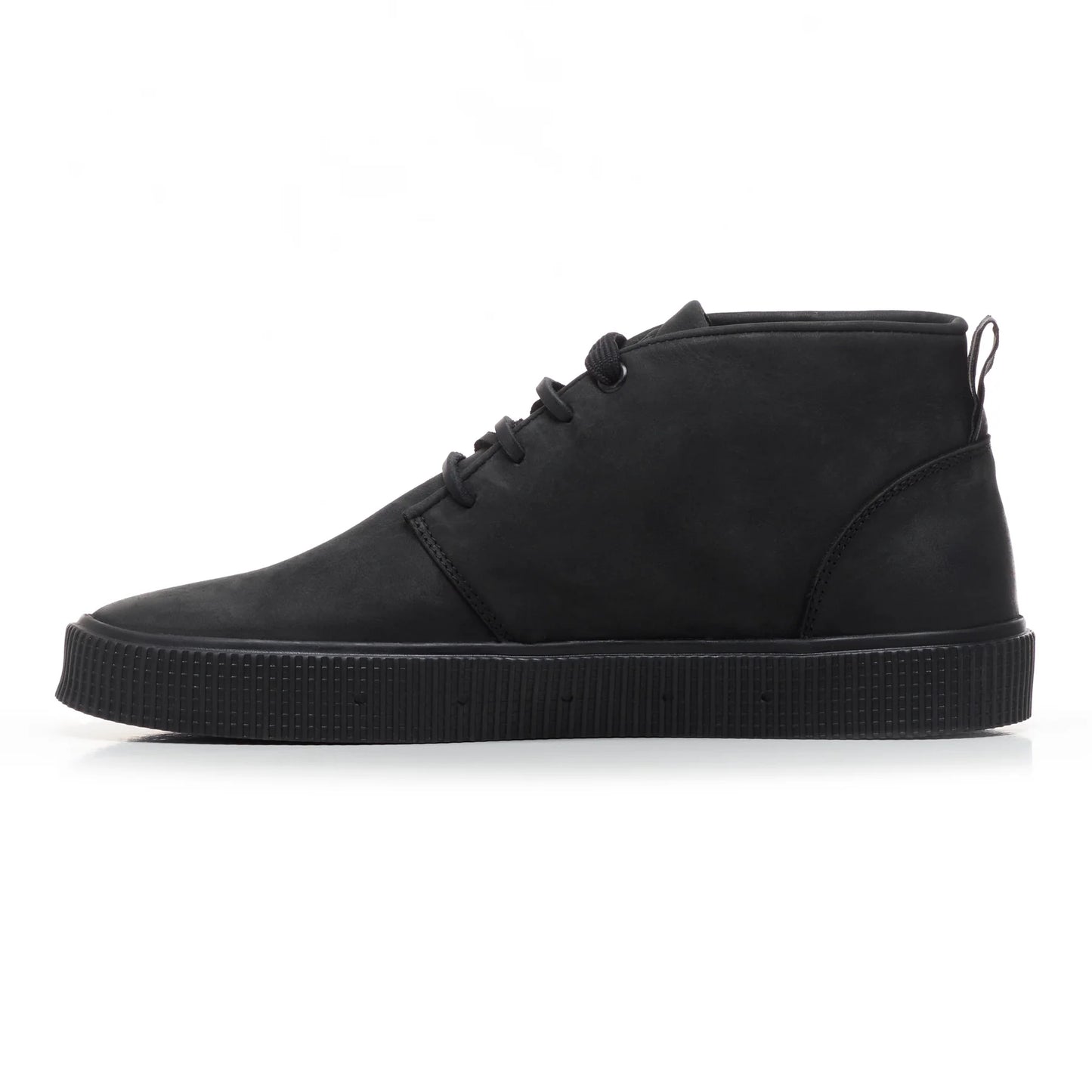 A side view of a Sanjo mid-top leather desert boot in black with black laces and a durable rubber sole, styled with a sleek and versatile design.