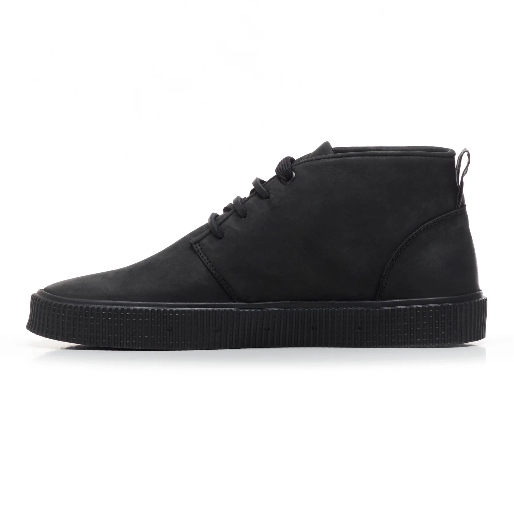 A side view of a Sanjo mid-top leather desert boot in black with black laces and a durable rubber sole, styled with a sleek and versatile design.