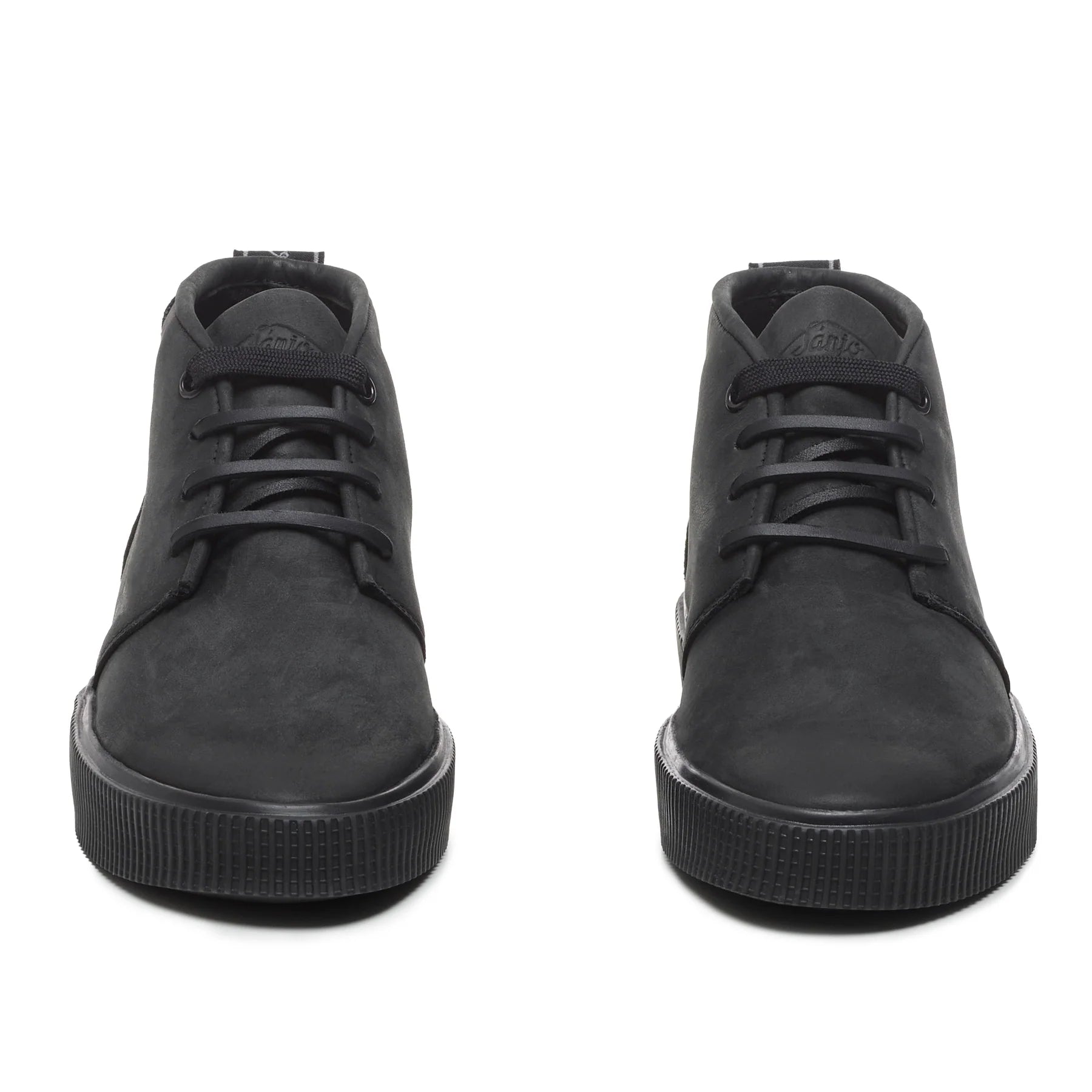 A front view of a Sanjo mid-top leather desert boots in black with black laces and a durable rubber sole, styled with a sleek and versatile design.