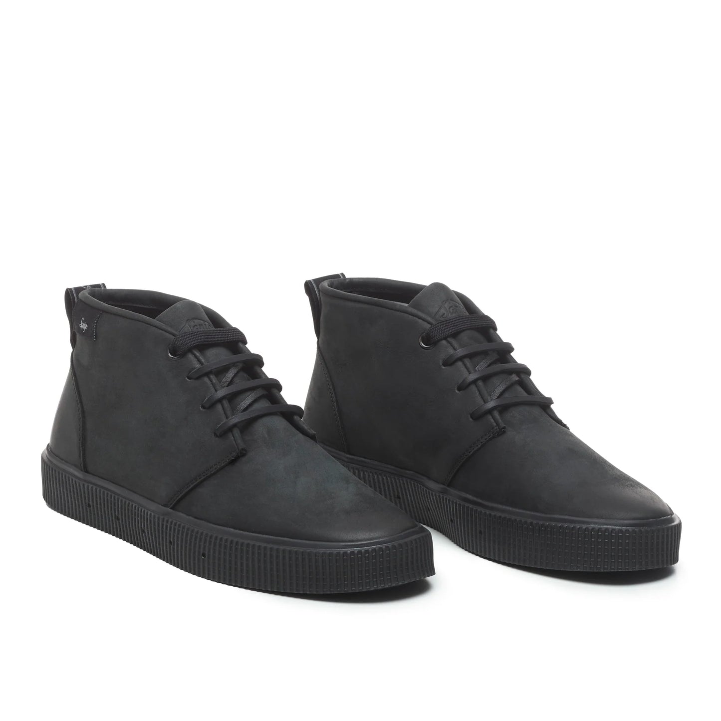 A pair of Sanjo mid-top leather desert boots in black with black laces and a durable rubber sole, styled with a sleek and versatile design.