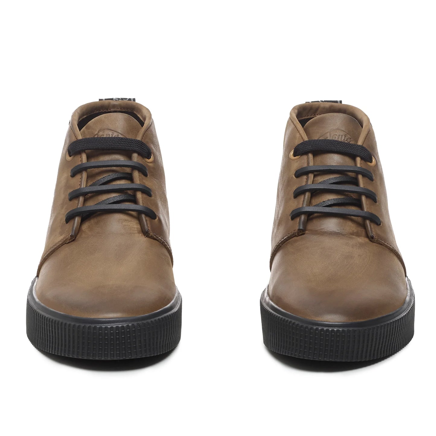 A front view of a Sanjo mid-top leather desert boots pair in brown with black laces and a durable black rubber sole, styled with a sleek and versatile design.